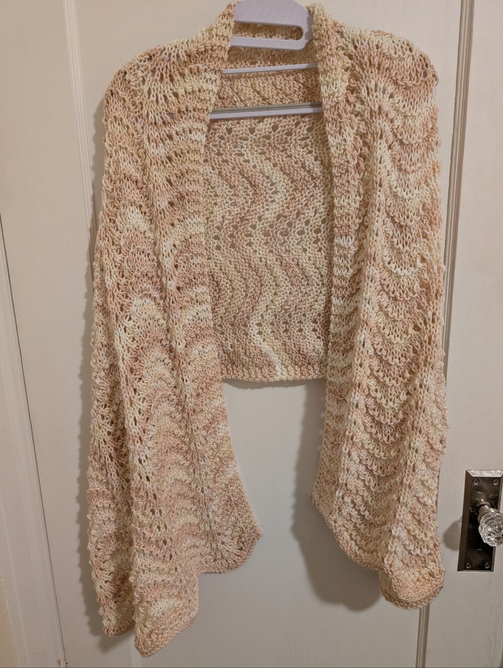 Light Peach/ White Hand Crochet Wave Stitch Women’s Shawl